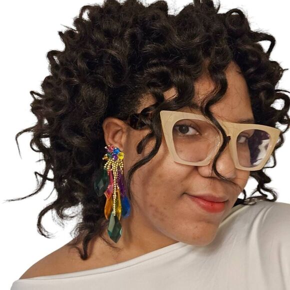Large Vintage Gold & Multicolored Beaded Clip-On Earrings | Newport | 4.75" - Picture 1 of 6
